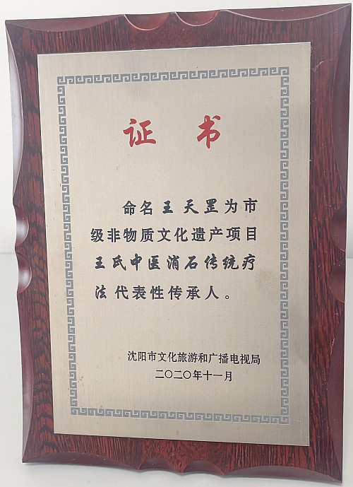 沈阳王氏中医石淋诊疗法市级非物质文化遗产证书