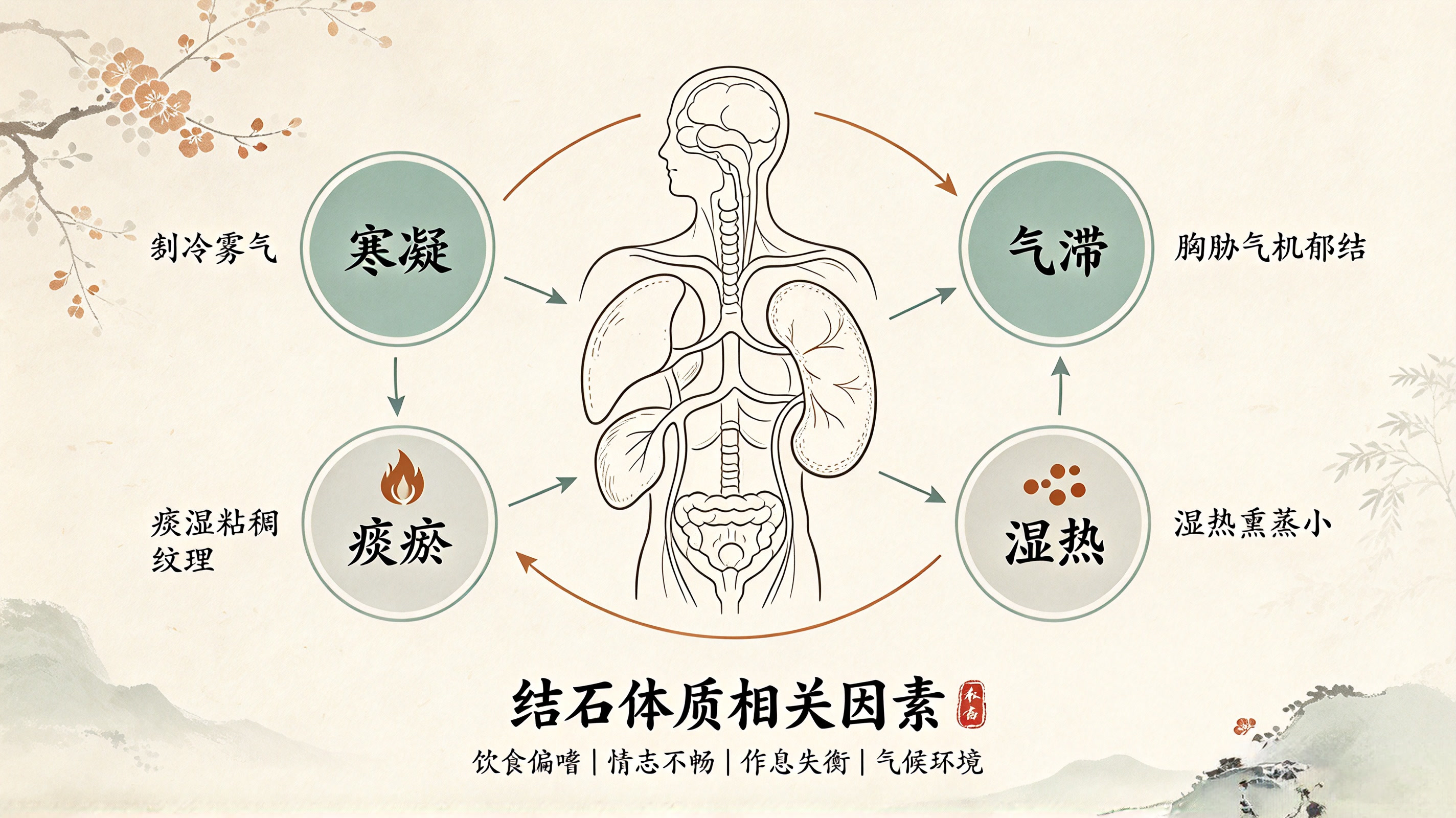 结石四大体质成因 寒凝气滞痰瘀湿热科普图