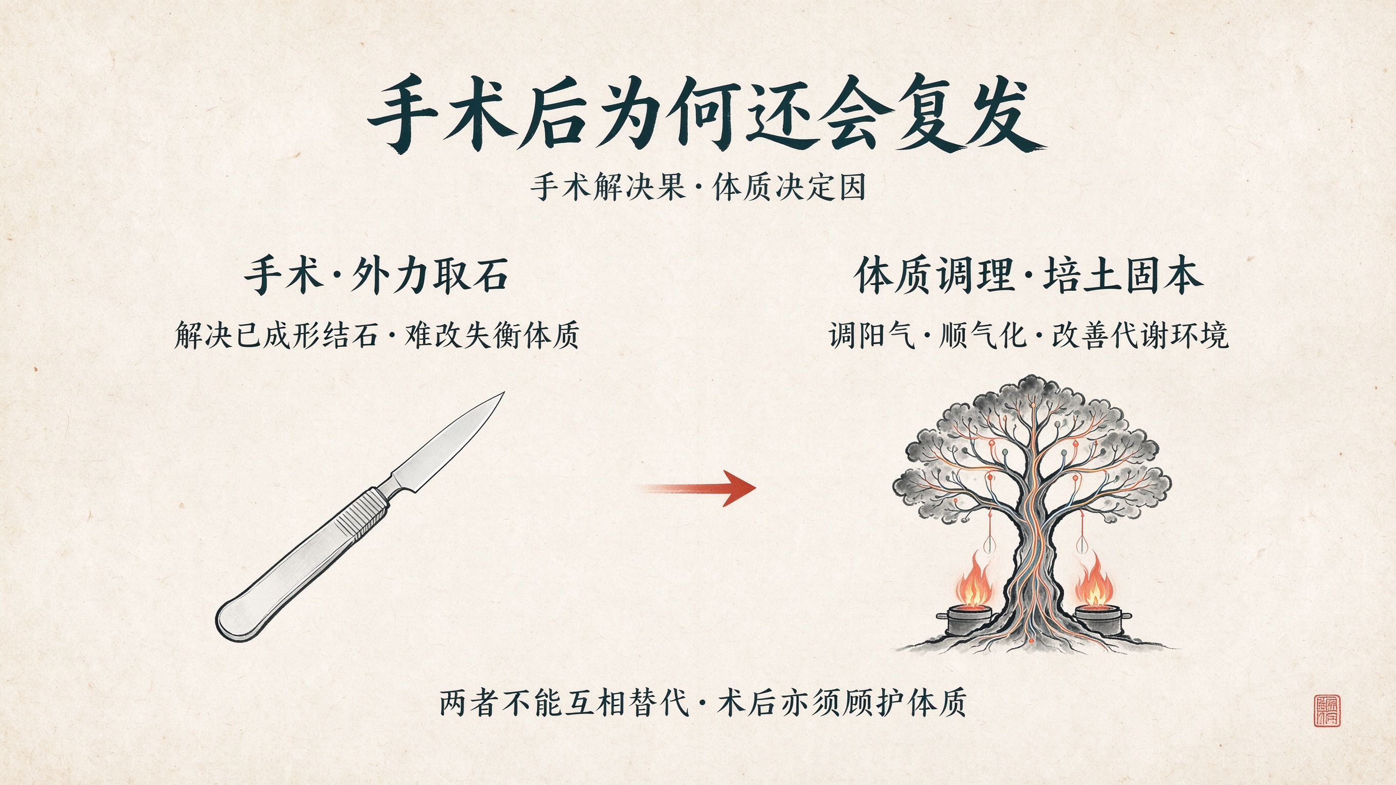 结石手术后为何还会复发:手术去除已形成结石,体质环境决定复发概率的中医科普图